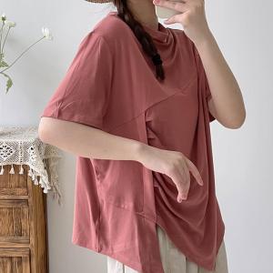 Easy-Match Pleated T-shirt Cotton Mock Neck Tee