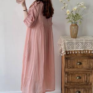 Bohemian Puff Sleeves Pleated Beach Ramie Gauze Dress