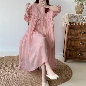 Bohemian Puff Sleeves Pleated Beach Ramie Gauze Dress