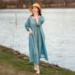 Bohemian Puff Sleeves Pleated Beach Ramie Gauze Dress