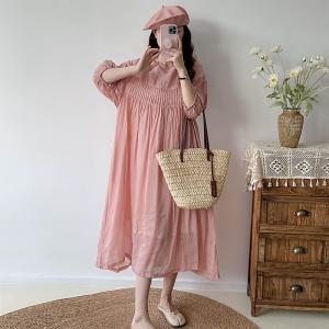 Bohemian Puff Sleeves Pleated Beach Ramie Gauze Dress