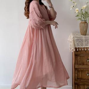 Bohemian Puff Sleeves Pleated Beach Ramie Gauze Dress