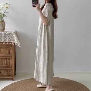 Earthy Style Jacquard Mid-Calf Dress Loose Layering Dress