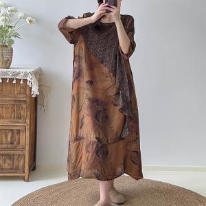 Mulberry Silk Leaf Patterned Ruffle Dress with Dolman Sleeve