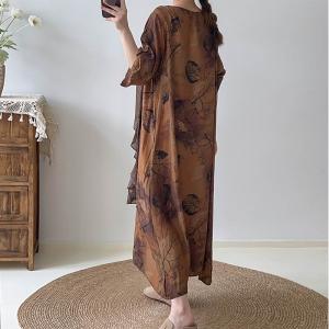 Mulberry Silk Leaf Patterned Ruffle Dress with Dolman Sleeve