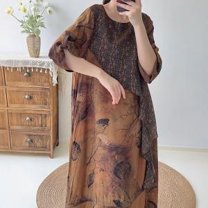 Mulberry Silk Leaf Patterned Ruffle Dress with Dolman Sleeve