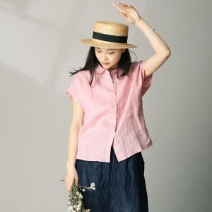 Pastel Colors Linen Short Blouse Peter Pan Collar Flax Clothing