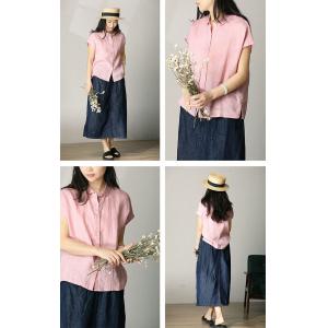 Pastel Colors Linen Short Blouse Peter Pan Collar Flax Clothing