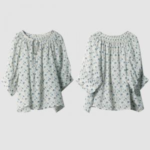 Tied Collar Blue Floral Blouse Plus Size Ramie Peasant Blouse