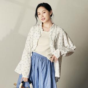 Casual Blue Floral White Shirt Cotton Linen Long Sleeves Blouse