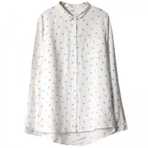 Casual Blue Floral White Shirt Cotton Linen Long Sleeves Blouse