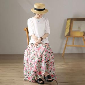 Pink Roses Ramie A-Line Skirt Ramie Flowing Maxi Skirt