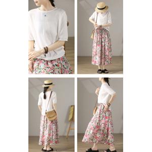 Pink Roses Ramie A-Line Skirt Ramie Flowing Maxi Skirt