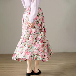 Pink Roses Ramie A-Line Skirt Ramie Flowing Maxi Skirt