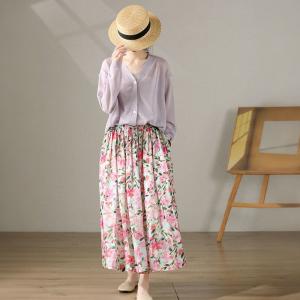 Pink Roses Ramie A-Line Skirt Ramie Flowing Maxi Skirt