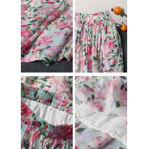 Pink Roses Ramie A-Line Skirt Ramie Flowing Maxi Skirt