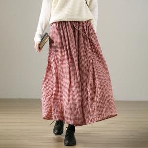 Small Red Plaid Skirt Drawstring Waist Cotton Maxi Skirt