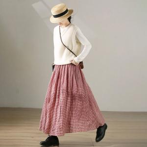 Small Red Plaid Skirt Drawstring Waist Cotton Maxi Skirt