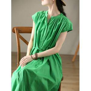 Single-Breasted Cotton Green Dress Korean Tied Shift Dress