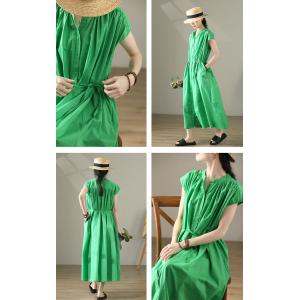 Single-Breasted Cotton Green Dress Korean Tied Shift Dress