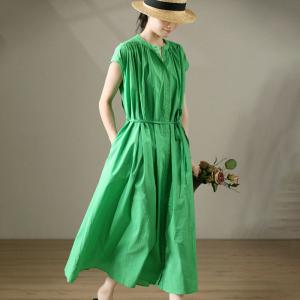 Single-Breasted Cotton Green Dress Korean Tied Shift Dress