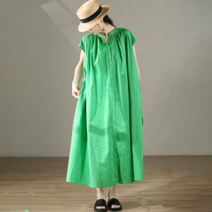 Single-Breasted Cotton Green Dress Korean Tied Shift Dress
