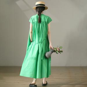 Single-Breasted Cotton Green Dress Korean Tied Shift Dress