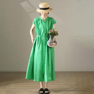 Single-Breasted Cotton Green Dress Korean Tied Shift Dress