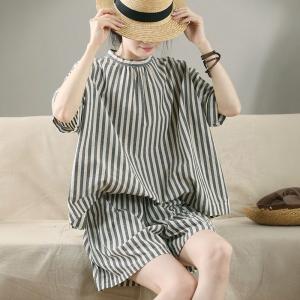 Gray Vertical Striped Shorts Cotton Linen Wide Leg Shorts