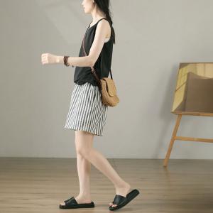 Gray Vertical Striped Shorts Cotton Linen Wide Leg Shorts