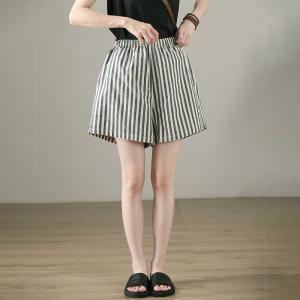 Gray Vertical Striped Shorts Cotton Linen Wide Leg Shorts