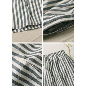 Gray Vertical Striped Shorts Cotton Linen Wide Leg Shorts