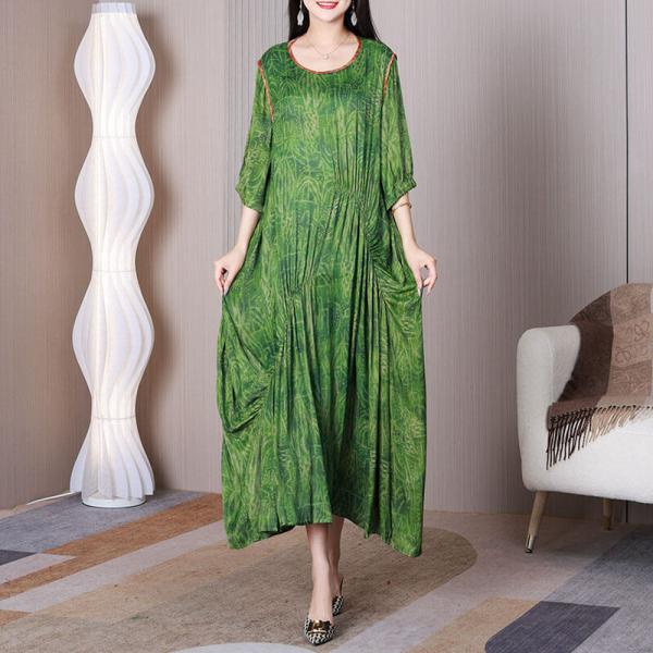 Half Sleeves Maxi Pleated Dress Silk Satin Boho Dress