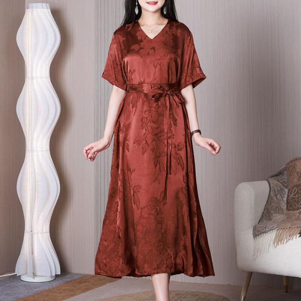 High Waist Jacquard Dress Elegant Silk Belted Dress