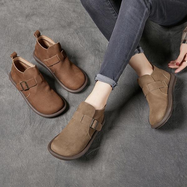 Buckle Decoration Leather Ankle Boots Cozy Round Toe Boots