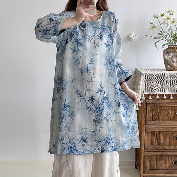Side Slits Bamboo Patterned Tunic Eastern Ramie Blue Blouse