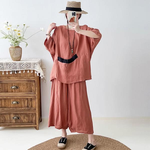 Oversized Linen Minimalist Blouse with Wide Leg Cropped Pants