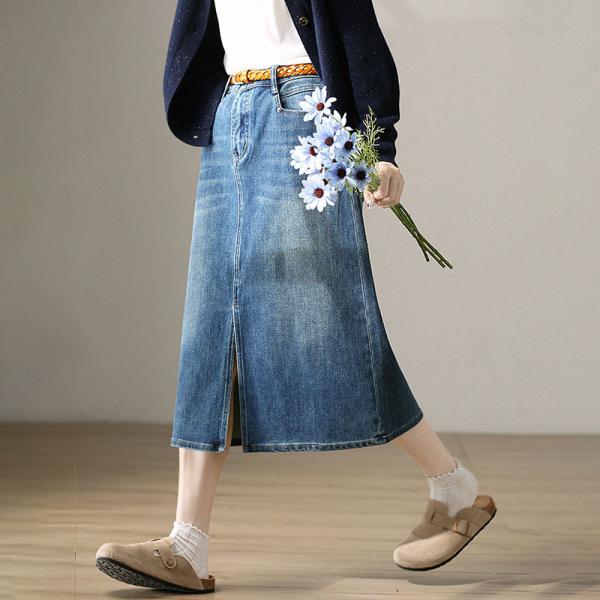 Ulzzang Style Front Slit Skirt Stone Wash Jean Skirt