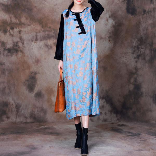 Qipao Buttons Glittering Jacquard Dress Azure Elegant Dress