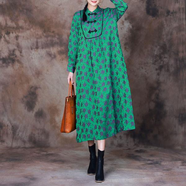 Mandarin Collar Flowers Elegant Dress Jacquard Abaya Dress