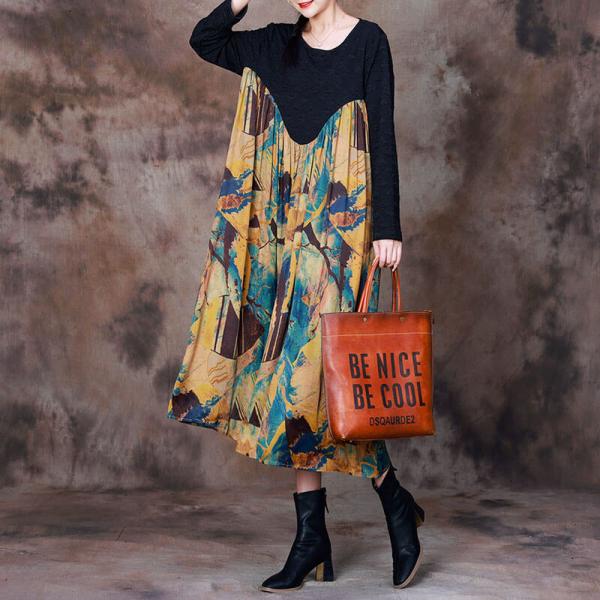 Black Sleeves Printed Flowing Midi Gathered Dress