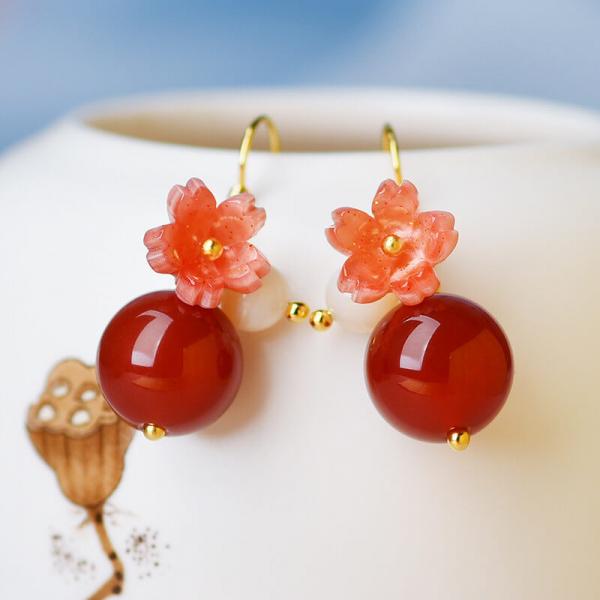 Red Agate Bead Earring Flowers Glass Hanfu Earrings