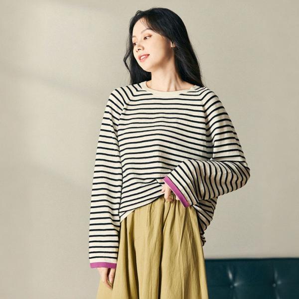 Horizontal Stripes Knit Pullover Long Sleeves Cotton Oversized Tee