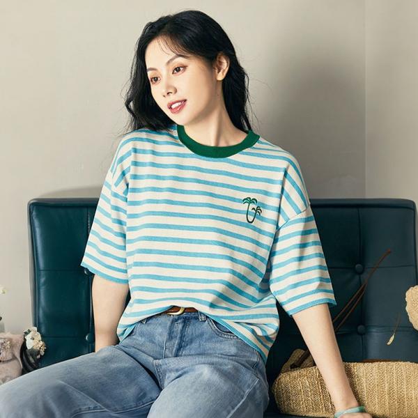 Blue Striped Knitwear Coconut Palm Embroidery T-shirt