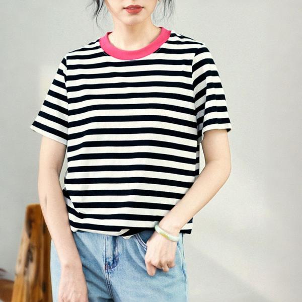 Chunky Striped Short Sleeves Tee Cotton Rose Neck T-shirt