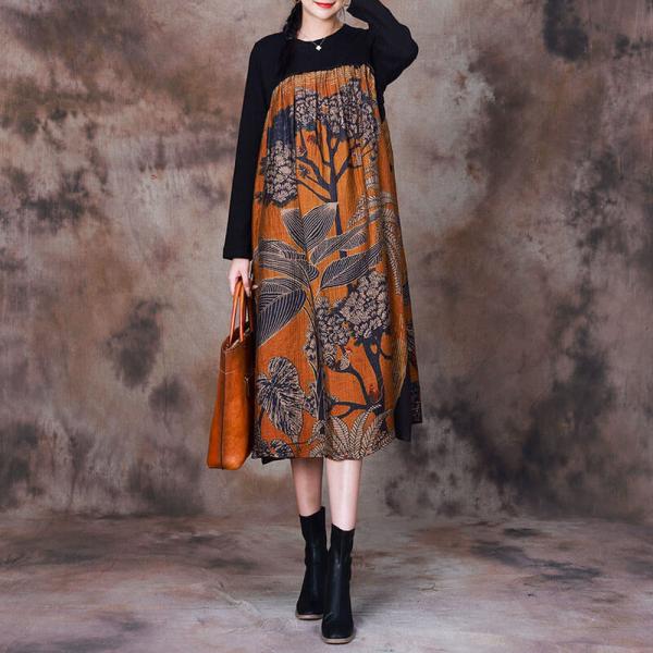 Black Sleeves Tree Patterned Dress Yellow Midi Dress