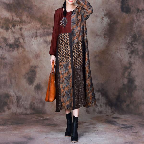 Printed Color Block Fall Dress Applique Elegant Dress