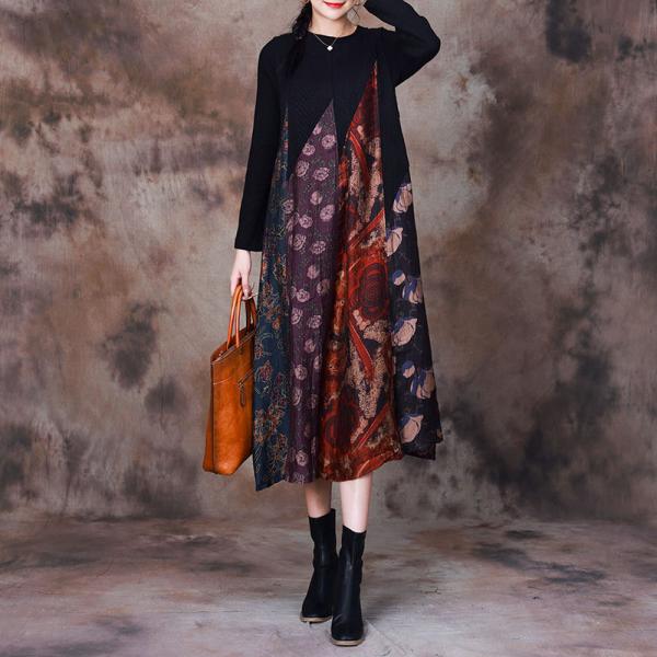 Flowers Colored Patchwork Sweater Dress Baggy Shift Dress