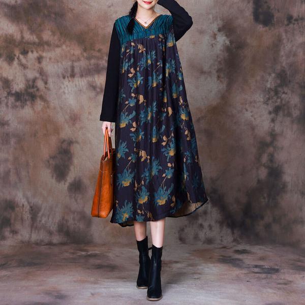 V-Neck Blue Flowers Dress Winter Elegant Concert Dress