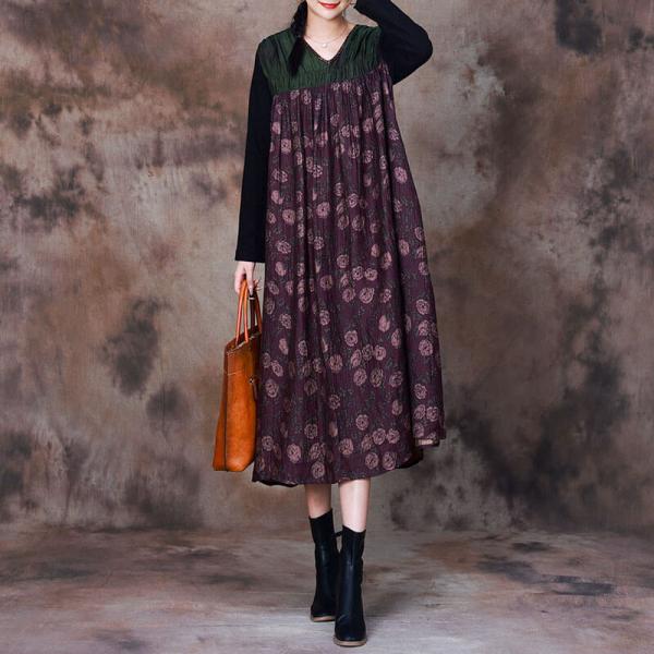 Dotted Flowers Purple Dress Autumn Pleated Kimono Dress